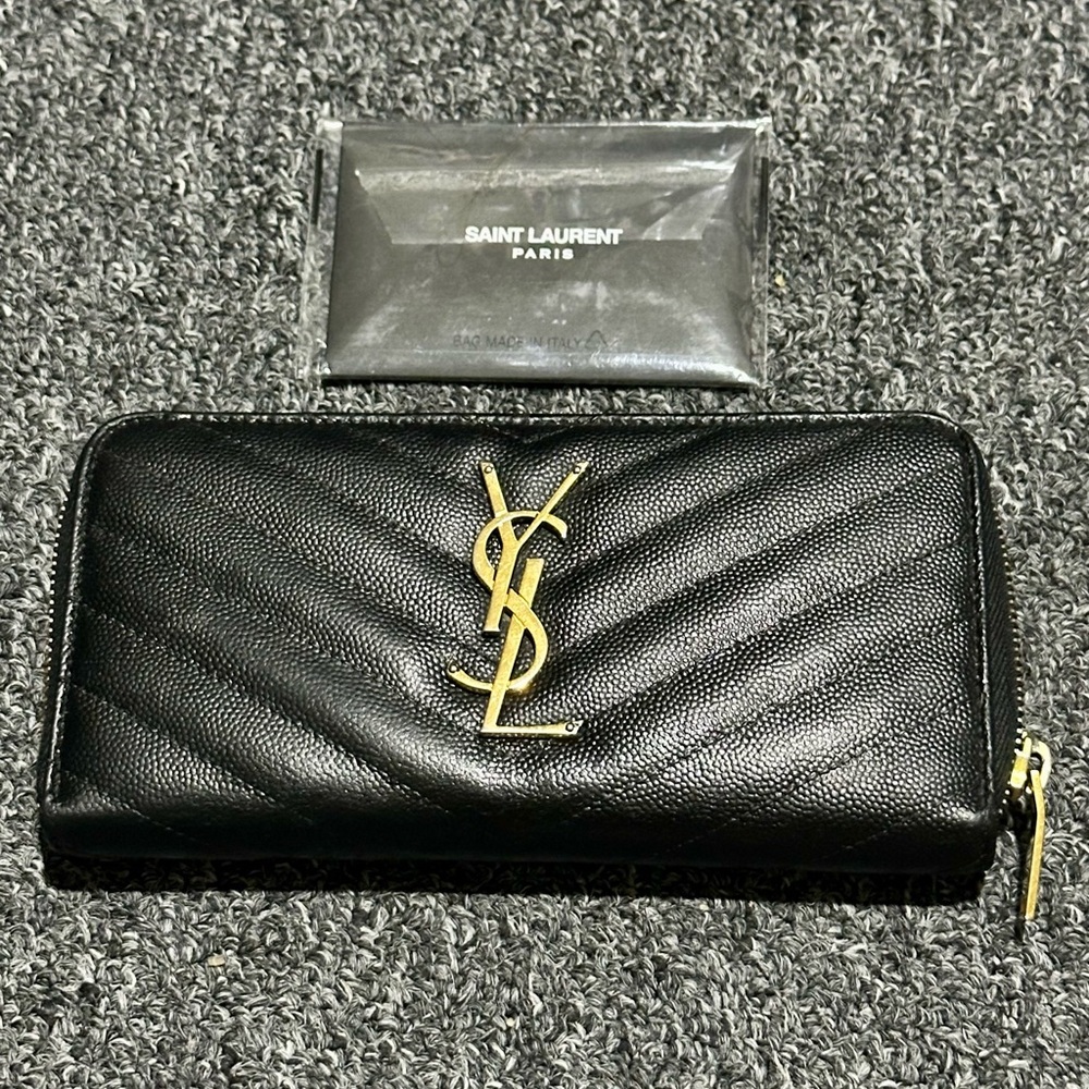 Saint Laurent Black Quilted Zip Wallet with Gold YSL Emblem